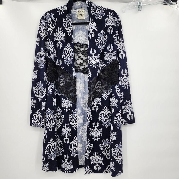 VOCAL Navy & White Damask Print Cardigan Sweater S-XL‎ NWT - Picture 6 of 12